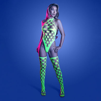 FANTASY LINGERIE - GLOW ADRENALINE HALTER TEDDY & STOCKINGS EM REDE COM STRASS O/S