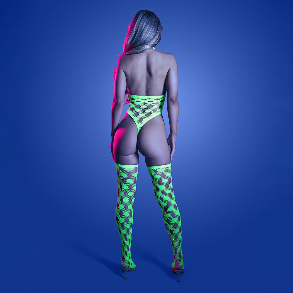 FANTASY LINGERIE - GLOW ADRENALINE HALTER TEDDY & STOCKINGS EM REDE COM STRASS O/S