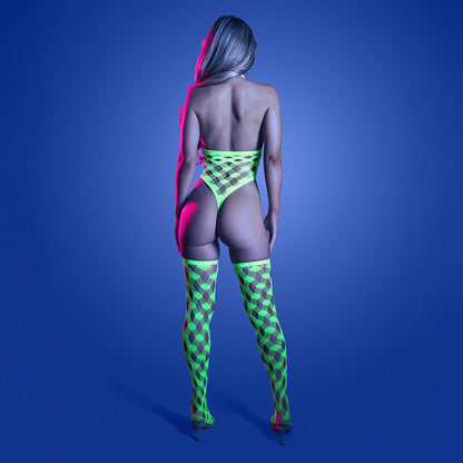 FANTASY LINGERIE - GLOW ADRENALINE HALTER TEDDY & STOCKINGS EM REDE COM STRASS O/S