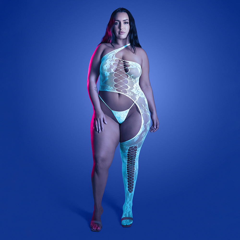 FANTASY LINGERIE - GLOW LIGHTS GET LOW BODYSTOCKING ASSIMÉTRICO EM MALHA FLORAL E CUECA TAMANHO QUEEN