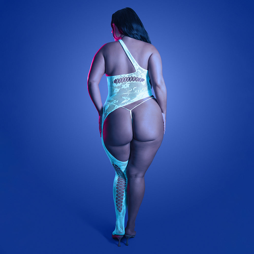 FANTASY LINGERIE - GLOW LIGHTS GET LOW BODYSTOCKING ASSIMÉTRICO EM MALHA FLORAL E CUECA TAMANHO QUEEN