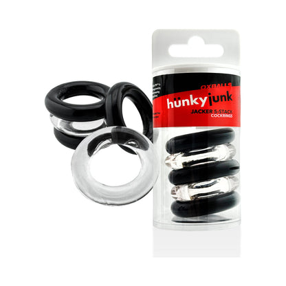 OXBALLS - HUNKYJUNK JACKER 5-STACK EMBALAGEM DE CINCO ANÉIS PÉNIS SUPER-RESISTENTES TRANSPARENTE/PRETO