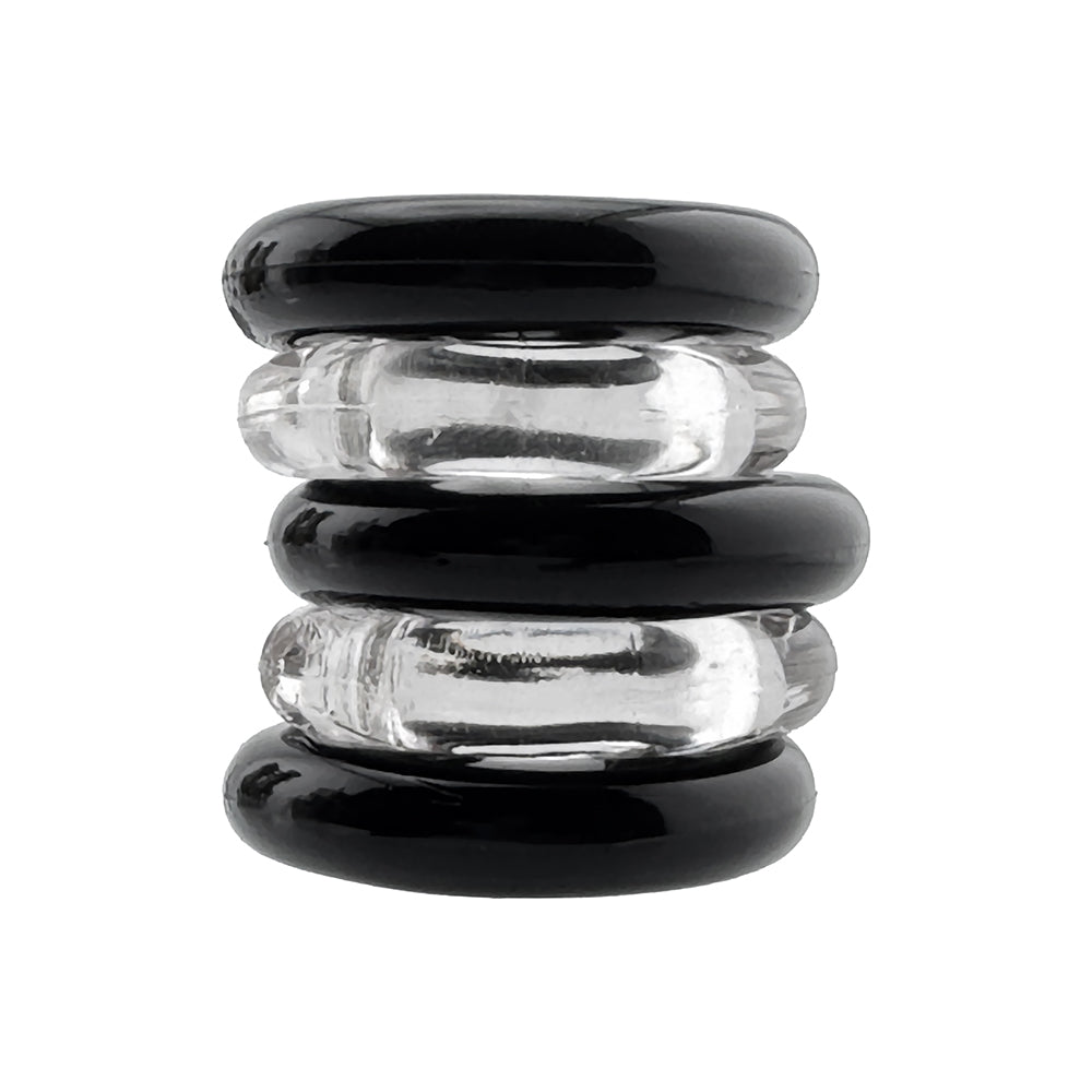 OXBALLS - HUNKYJUNK JACKER 5-STACK EMBALAGEM DE CINCO ANÉIS PÉNIS SUPER-RESISTENTES TRANSPARENTE/PRETO