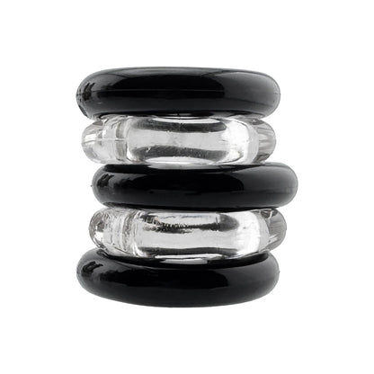 OXBALLS - HUNKYJUNK JACKER 5-STACK EMBALAGEM DE CINCO ANÉIS PÉNIS SUPER-RESISTENTES TRANSPARENTE/PRETO