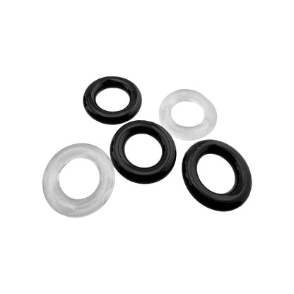 OXBALLS - HUNKYJUNK JACKER 5-STACK EMBALAGEM DE CINCO ANÉIS PÉNIS SUPER-RESISTENTES TRANSPARENTE/PRETO