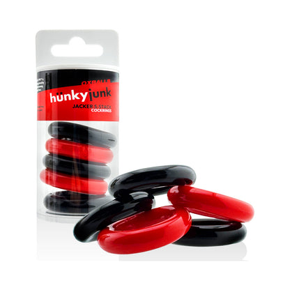OXBALLS - HUNKYJUNK JACKER 5-STACK PACK DE CINCO ANEIS PENIANOS SUPER-RESISTENTES VERMELHO/PRETO