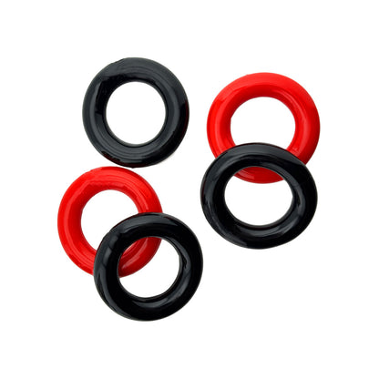 OXBALLS - HUNKYJUNK JACKER 5-STACK PACK DE CINCO ANEIS PENIANOS SUPER-RESISTENTES VERMELHO/PRETO