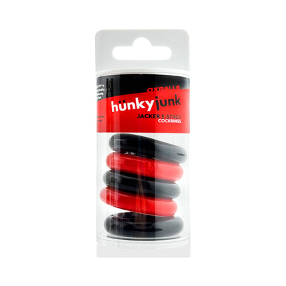 OXBALLS - HUNKYJUNK JACKER 5-STACK PACK DE CINCO ANEIS PENIANOS SUPER-RESISTENTES VERMELHO/PRETO