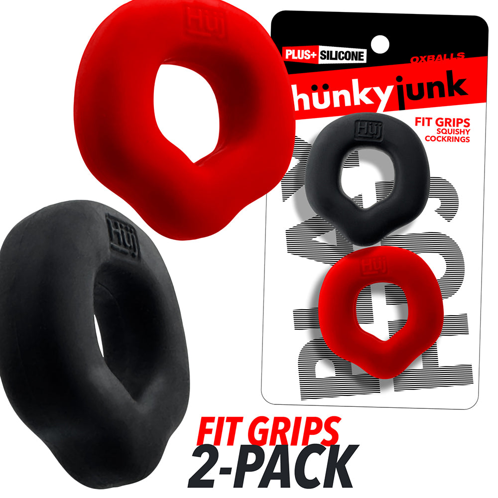 OXBALLS - HUNKYJUNK FIT GRIPS 2-PACK ERGO-FIT COCK RINGS BLACK/RED
