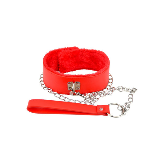 BOUND TO PLEASE - FURRY COLLAR WITH LEASH RED
