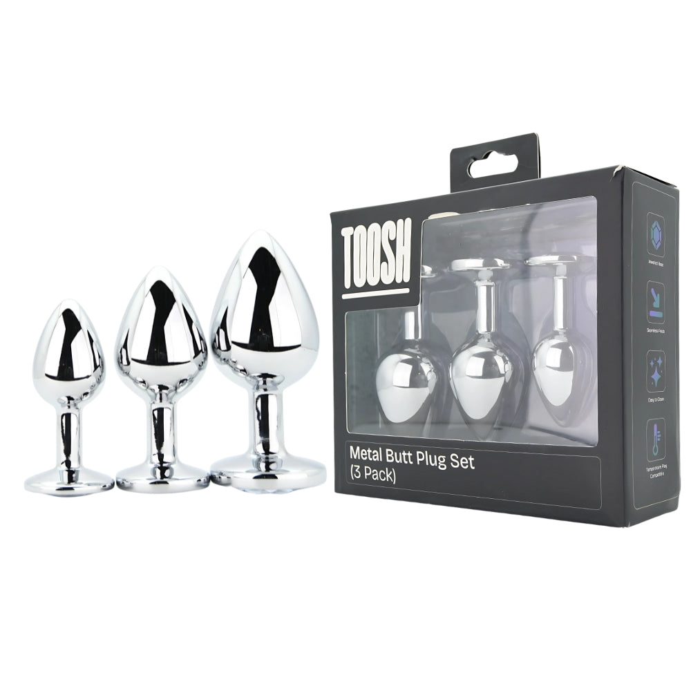 TOOSH - METAL BUTT PLUG SILVER SET OF 3 CLEAR STONE