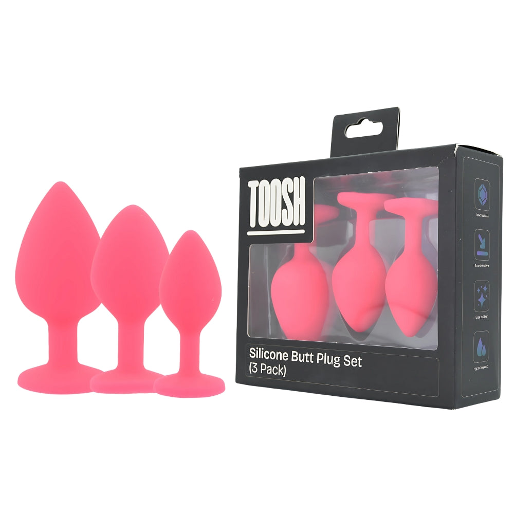TOOSH - SILICONE BUTT PLUG PINK SET OF 3 CLEAR STONE