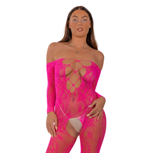 LACE - BY LJ LACE UP FRONT CROTCHLESS BODYSTOCKING FUCHSIA