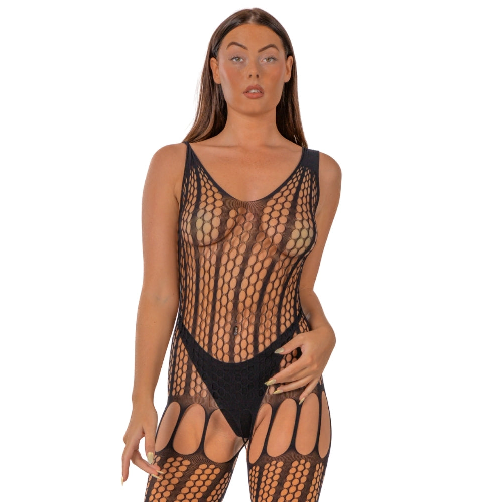 LACE - BY LJ CROCHET BODYSTOCKING WITH LACE UP BACK BLACK