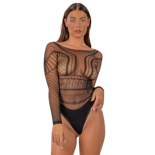 LACE - BY LJ SEAMLESS LACE LONG SLEEVED BODYSUIT BLACK