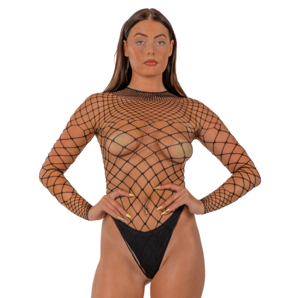 LACE - BY LJ FENCE NET LONG SLEEVED THONG BODYSUIT BLACK
