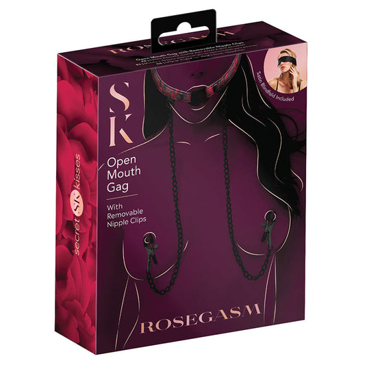 XGEN - SECRET KISSES ROSEGASM OPEN MOUTH GAG WITH REMOVEABLE NIPPLE CLIPS