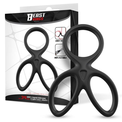 BEAST RINGS - ANILLO TRIPLE PENE Y TESTÍCULOS SILICONA LÍQUIDA FLEXIBLE