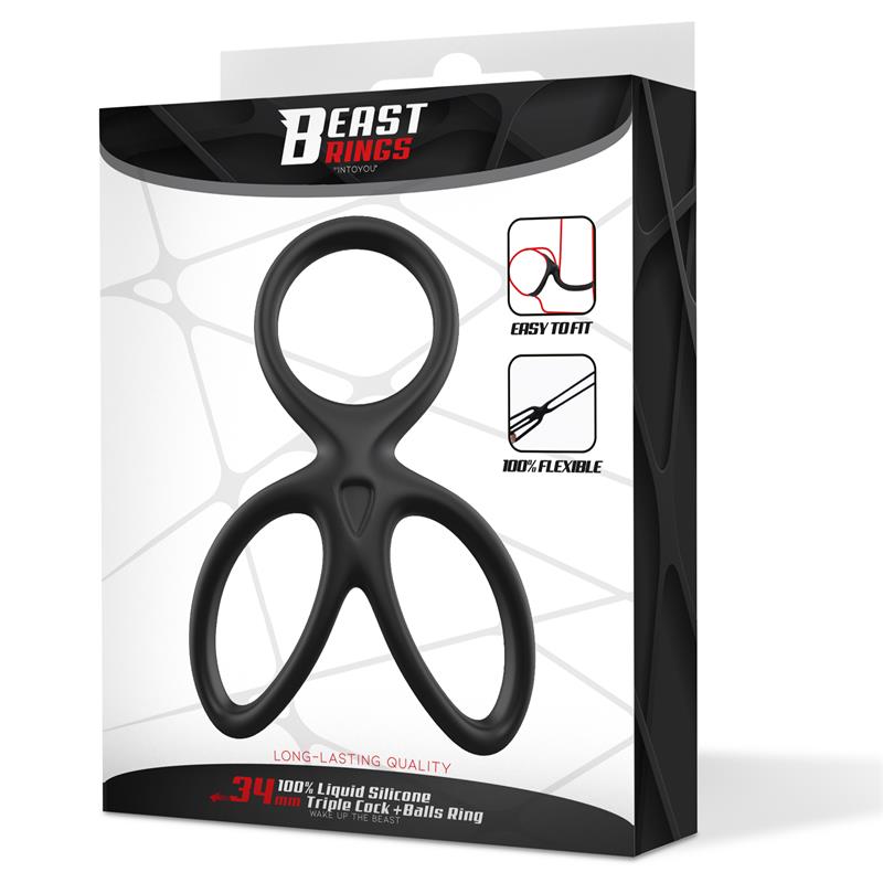 BEAST RINGS - ANILLO TRIPLE PENE Y TESTÍCULOS SILICONA LÍQUIDA FLEXIBLE
