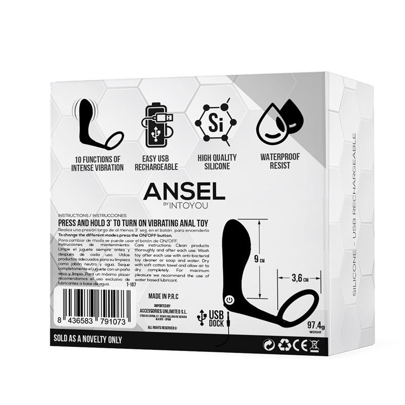 TARDENOCHE - ANSEL PLUG ANAL CON VIBRACIÓN Y ANILLO USB SILICONA