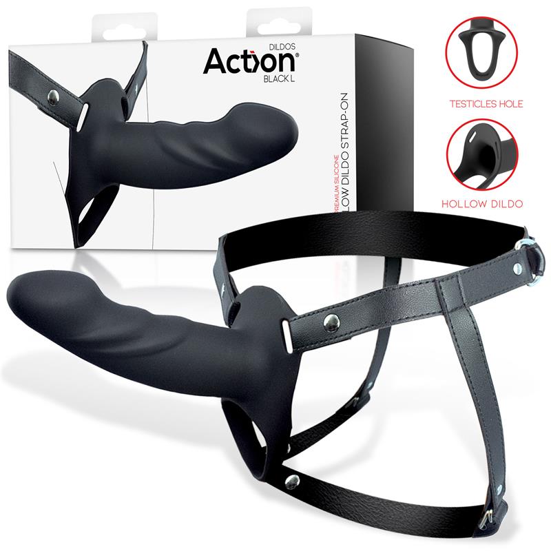 ACTION - ARNÉS STRAP-ON CON DILDO HUECO SILICONA PREMIUM TALLA L NEGRO