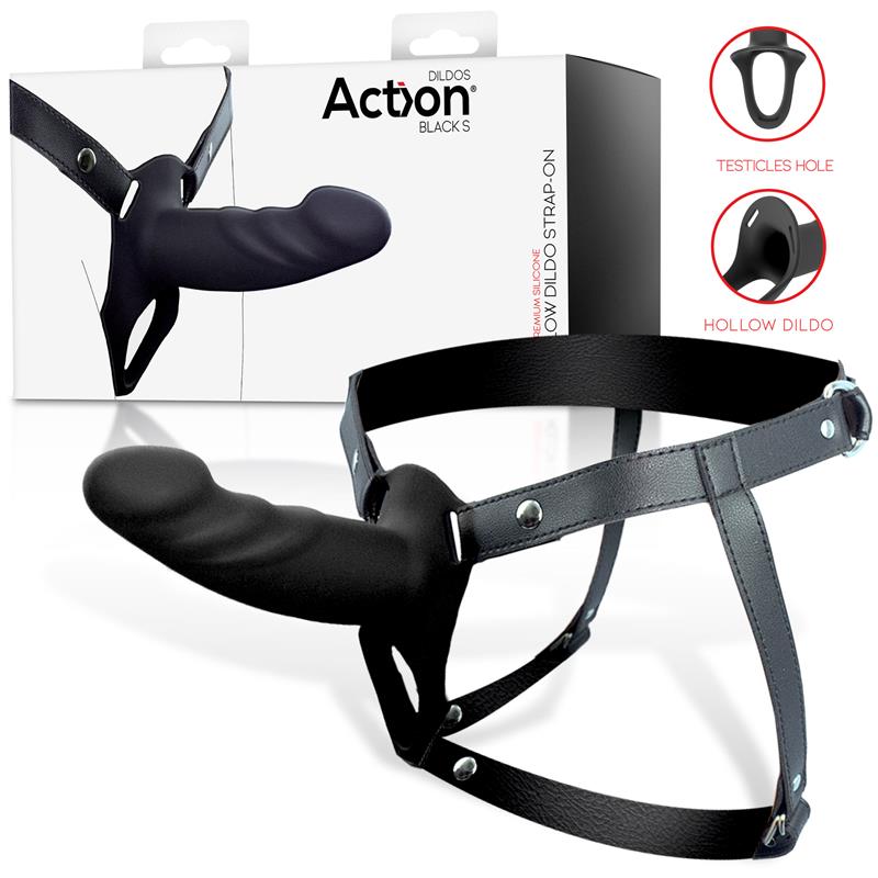 ACTION - ARNÉS STRAP-ON CON DILDO HUECO SILICONA PREMIUM TALLA S NEGRO