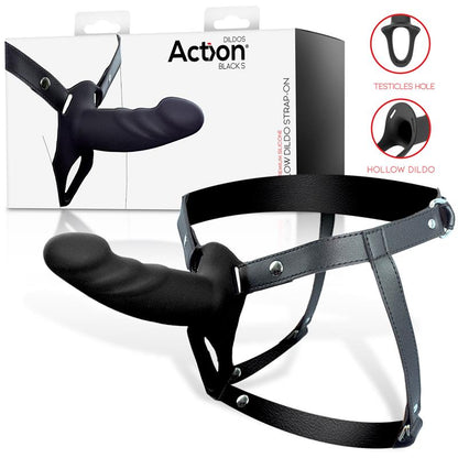 ACTION - ARNÉS STRAP-ON CON DILDO HUECO SILICONA PREMIUM TALLA S NEGRO