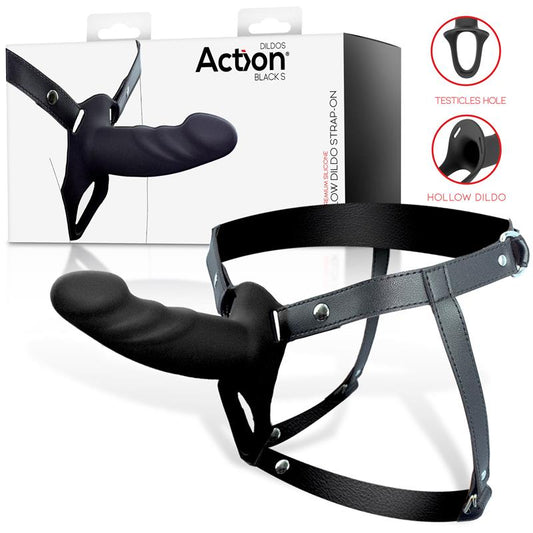 ACTION - ARNÉS STRAP-ON CON DILDO HUECO SILICONA PREMIUM TALLA S NEGRO
