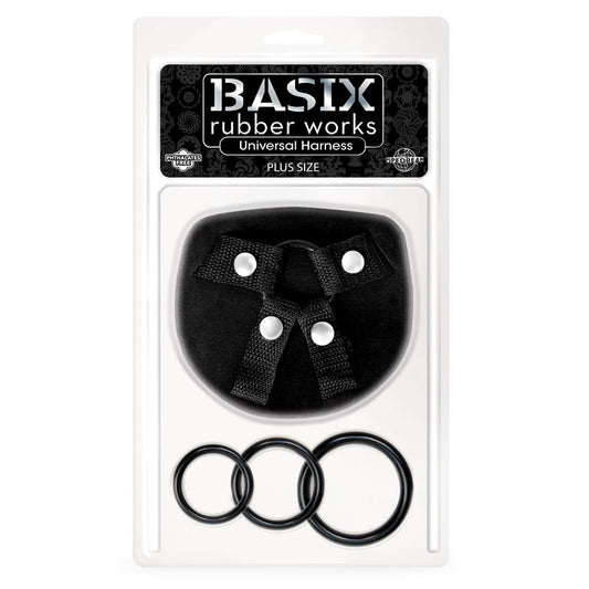 BASIX RUBBER WORKS - ARNÉS UNIVERSAL TALLA GRANDE CON 3 AROS DE SILICONA