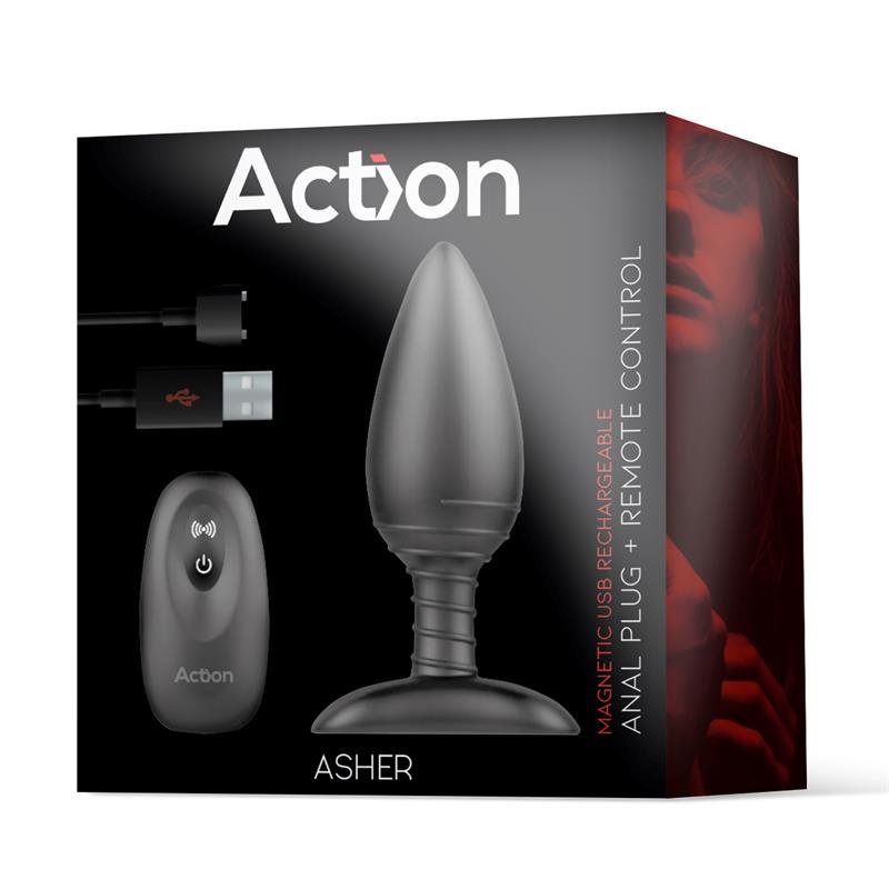 ACTION - ASHER PLUG ANAL CON CONTROL REMOTO USB MAGNÉTICO NEGRO