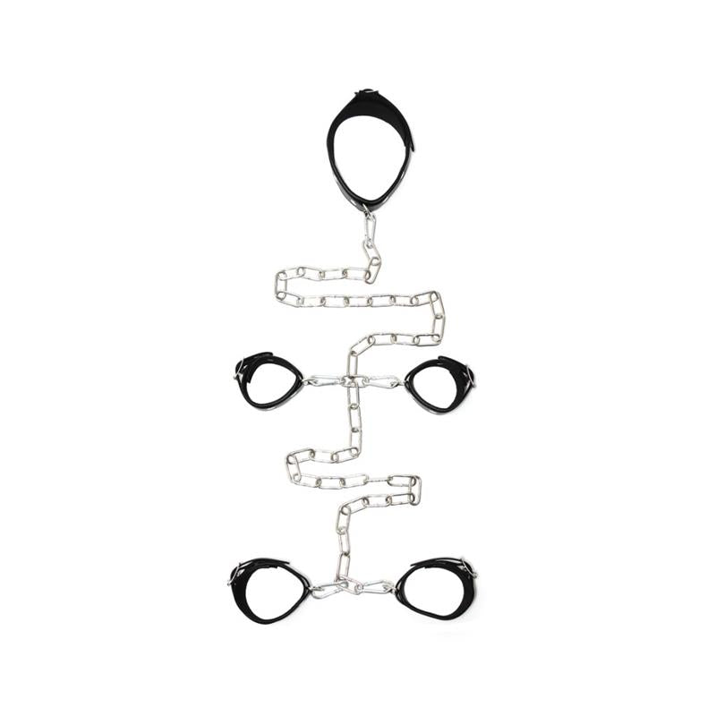 BONDAGE PLAY - ATADURAS CUELLO MANOS Y PIES CUERO Y METAL