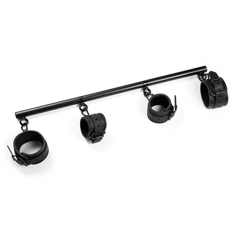 INTOYOU BLACK SHADOW - BARRA SEPARADORA RÍGIDA DESMONTABLE Y 4 ESPOSAS DESMONTABLES NEOPRENO Y CUERO VEGANO