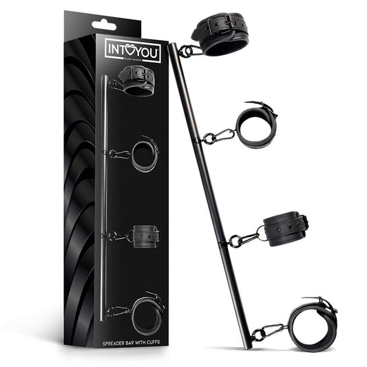 INTOYOU BLACK SHADOW - BARRA SEPARADORA RÍGIDA DESMONTABLE Y 4 ESPOSAS DESMONTABLES NEOPRENO Y CUERO VEGANO