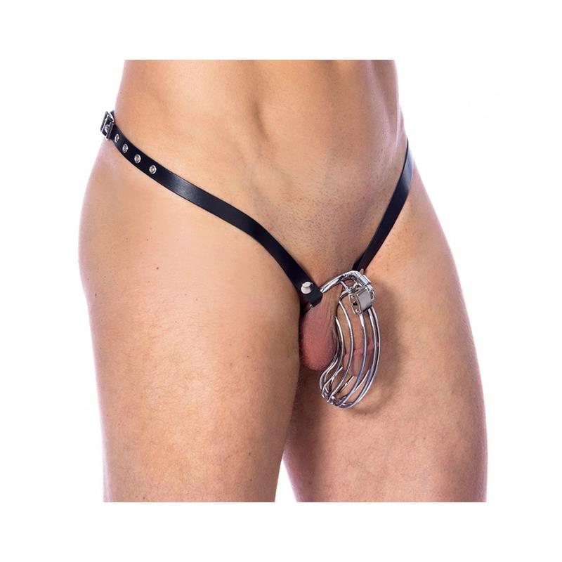 BONDAGE PLAY - CINTURÓN DE CASTIDAD DE CUERO CON JAULA METÁLICA AJUSTABLE