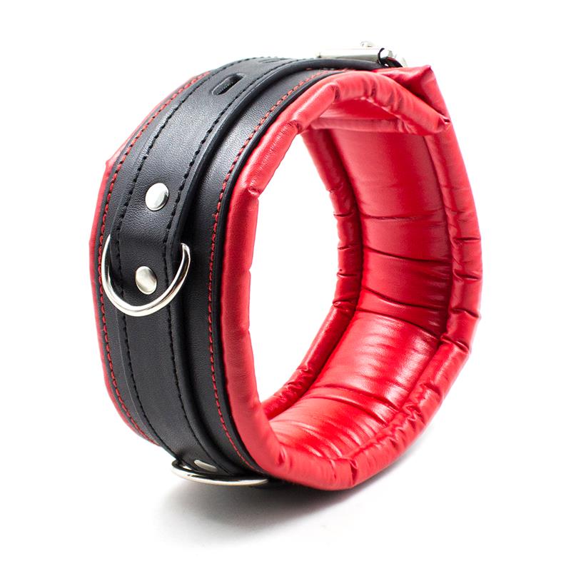 LATETOBED BDSM LINE - COLLAR CON CORREA DE METAL E INTERIOR ACOLCHADO NEGRO/ROJO