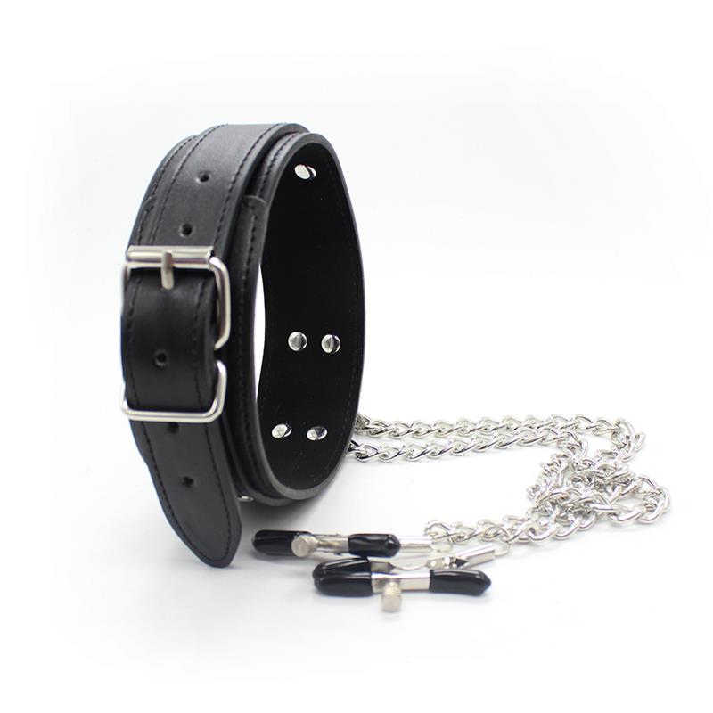 LATETOBED BDSM LINE - COLLAR CON PEZONERAS Y CADENA DE METAL NEGRO