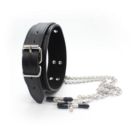 LATETOBED BDSM LINE - COLLAR CON PEZONERAS Y CADENA DE METAL NEGRO