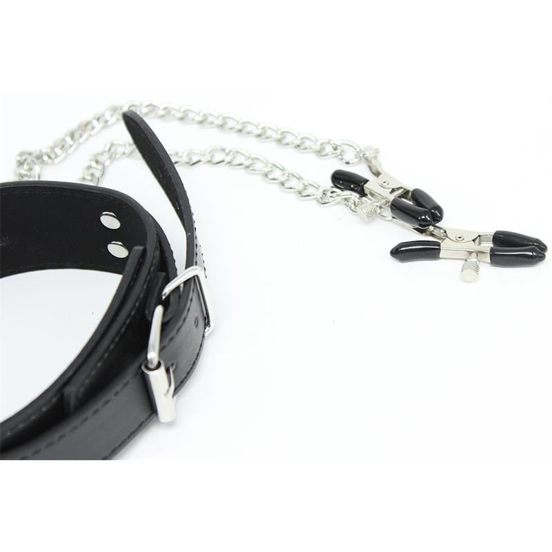 LATETOBED BDSM LINE - COLLAR CON PEZONERAS Y CADENA DE METAL NEGRO