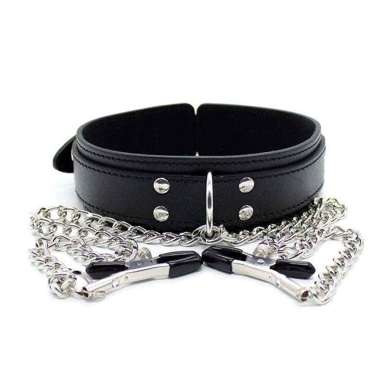 LATETOBED BDSM LINE - COLLAR CON PEZONERAS Y CADENA DE METAL NEGRO