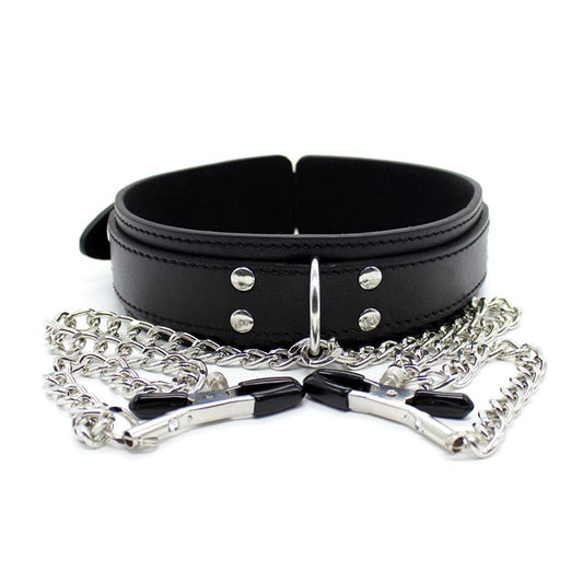 LATETOBED BDSM LINE - COLLAR CON PEZONERAS Y CADENA DE METAL NEGRO