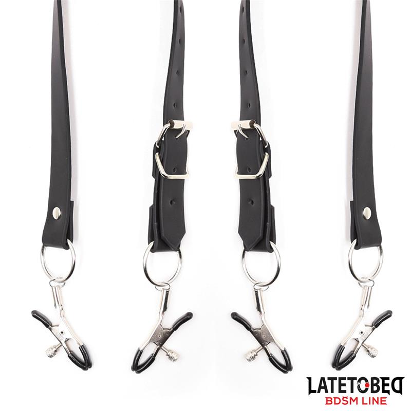 LATETOBED BDSM LINE - CORREAS DE BONDAGE PARA PIERNAS CON PINZAS PARA CLÍTORIS