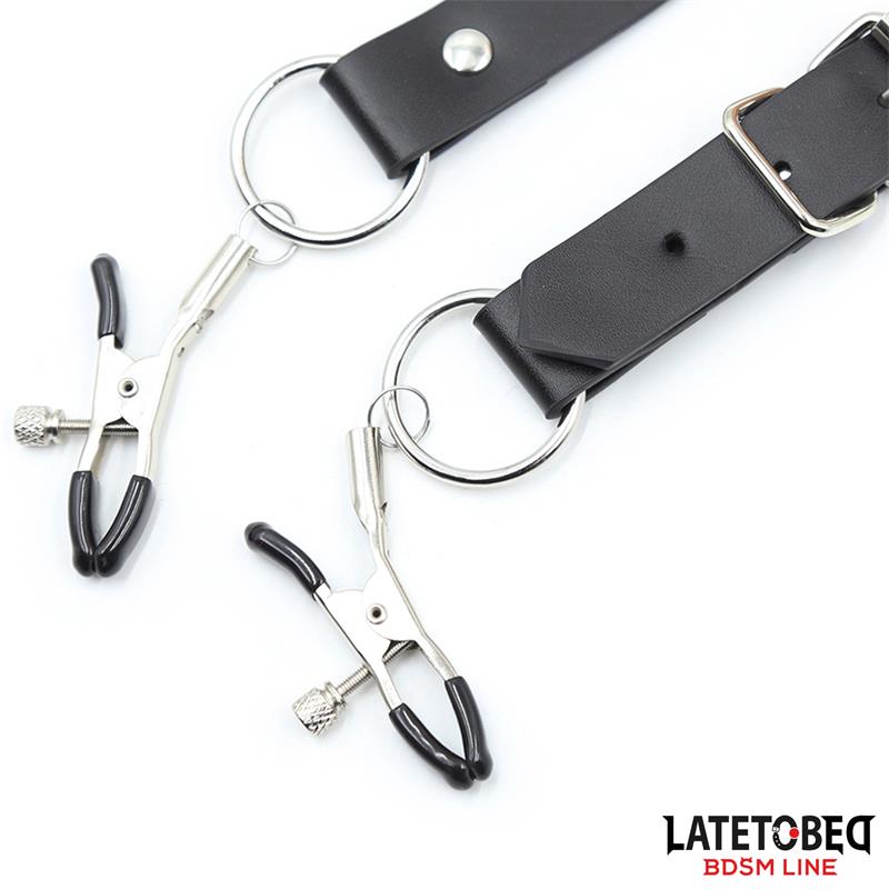 LATETOBED BDSM LINE - CORREAS DE BONDAGE PARA PIERNAS CON PINZAS PARA CLÍTORIS