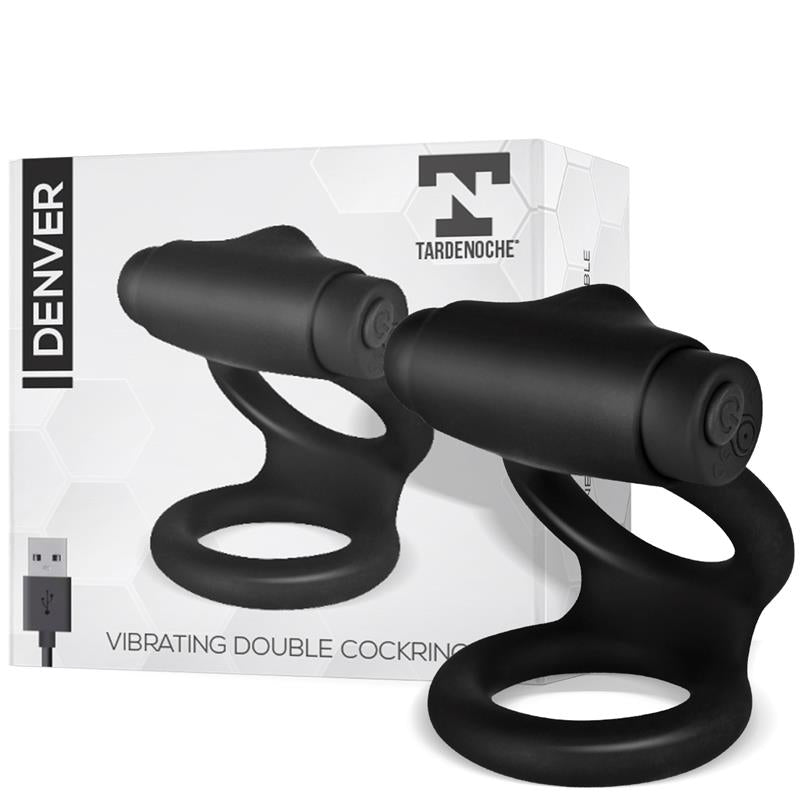 TARDENOCHE - DENVER ANILLO DOBLE CON BALA VIBRADORA USB SILICONA NEGRO