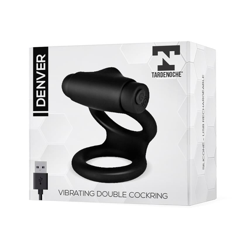 TARDENOCHE - DENVER ANILLO DOBLE CON BALA VIBRADORA USB SILICONA NEGRO