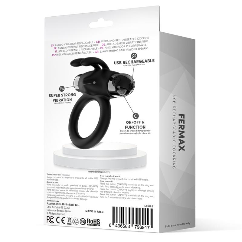 LATETOBED - FERMAX ANILLO VIBRADOR CON CONEJITO USB SILICONA NEGRO