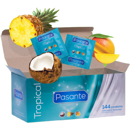 PASANTE - TROPICAL PRESERVATIVOS CON SABORES MANGO PIÑA Y COCO 53 MM 144 UNIDADES