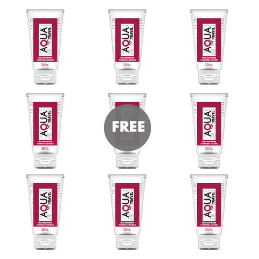 AQUA TRAVEL - LUBRICANTE BASE AGUA SABOR FRAMBUESA SALVAJE - 50 ML 8+1 GRATIS