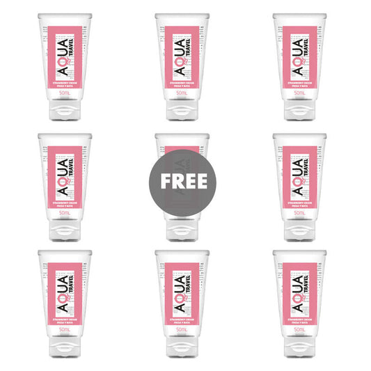 AQUA TRAVEL - LUBRICANTE BASE AGUA SABOR FRESA Y NATA - 50 ML 8+1 GRATIS