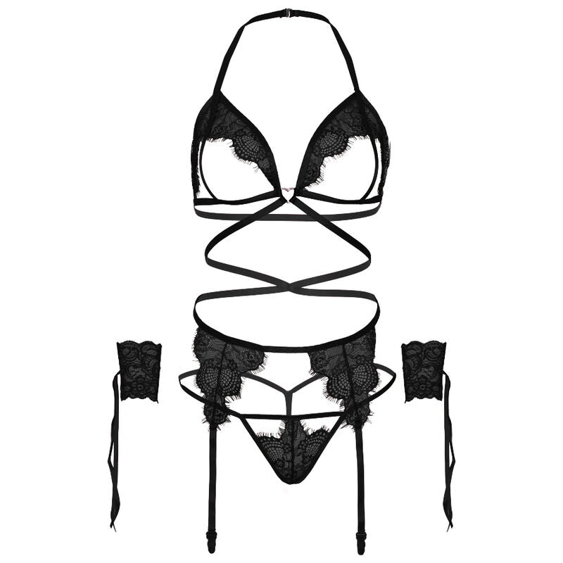 LEG AVENUE - SET CUATRO PIEZAS SUJETADOR, LIGUERO, TANGA Y PUÑOS TALLA ÚNICA - NEGRO