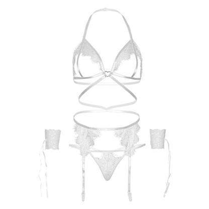 LEG AVENUE - FOUR PIECE SET: BRA, GARTER BELT, THONG AND CUFFS - ONE SIZE - WHITE